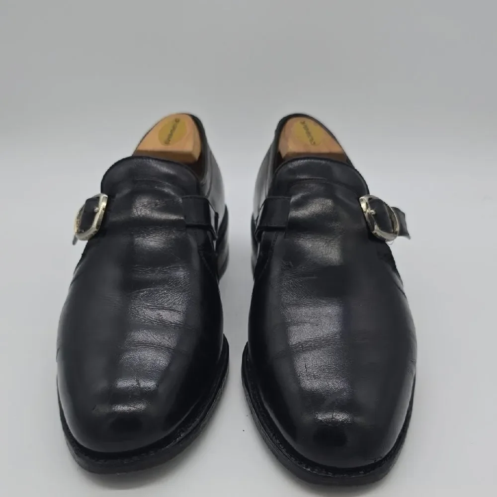 Allen Edmonds Black Leather Single Monk Strap Shoes with Silver Buckle